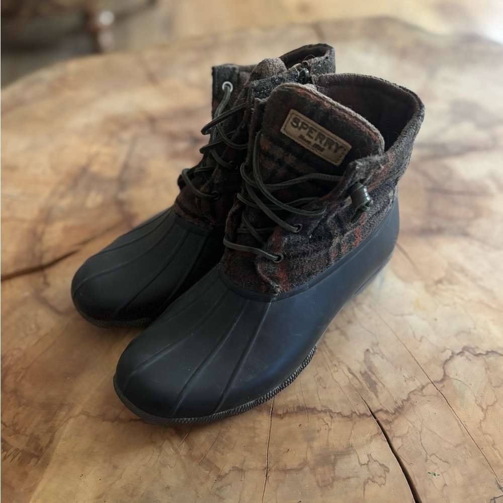 Sperry Black and Brown Plaid Duck Boots